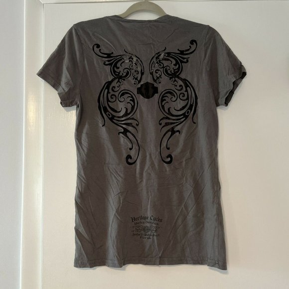 Harley Davidson Women's  Heritage Cycles V-Neck T-Shirt M With Lace Back Gray - Picture 6 of 6